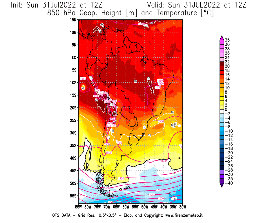 GFS analysi map - Geopotential [m] and Temperature [°C] at 850 hPa in South America
									on 31/07/2022 12 <!--googleoff: index-->UTC<!--googleon: index-->