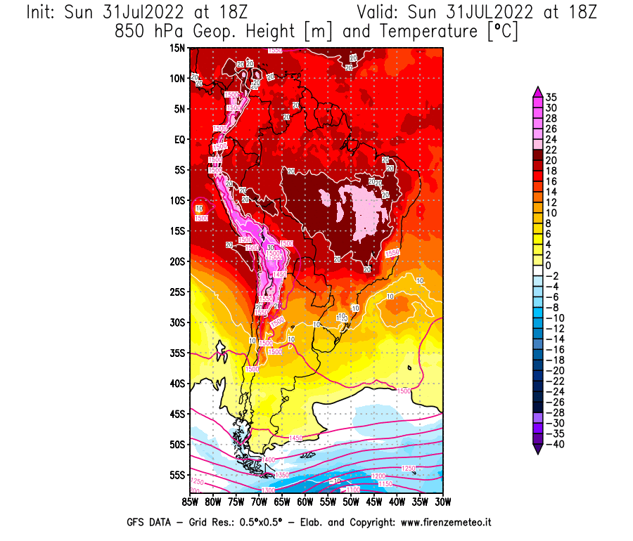 GFS analysi map - Geopotential [m] and Temperature [°C] at 850 hPa in South America
									on 31/07/2022 18 <!--googleoff: index-->UTC<!--googleon: index-->