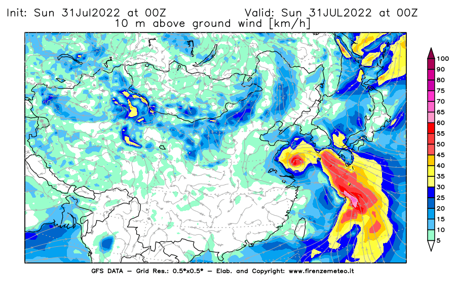 GFS analysi map - Wind Speed at 10 m above ground [km/h] in East Asia
									on 31/07/2022 00 <!--googleoff: index-->UTC<!--googleon: index-->