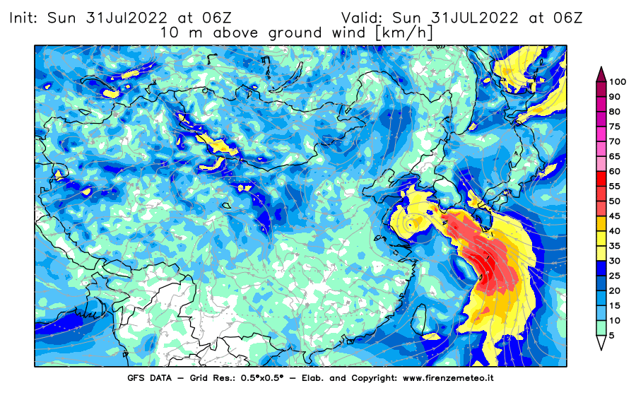 GFS analysi map - Wind Speed at 10 m above ground [km/h] in East Asia
									on 31/07/2022 06 <!--googleoff: index-->UTC<!--googleon: index-->
