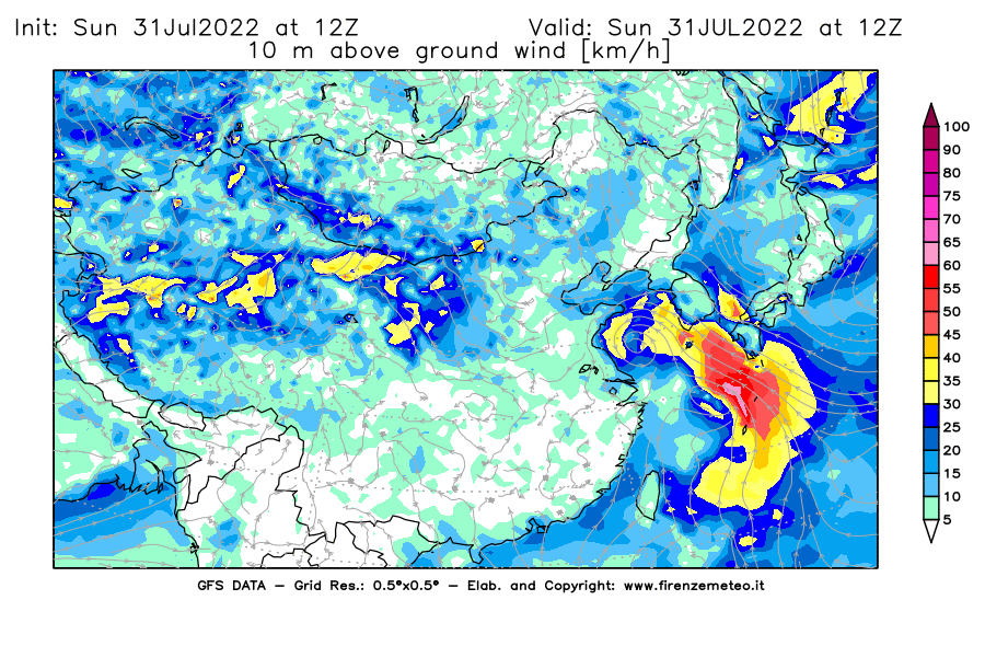 GFS analysi map - Wind Speed at 10 m above ground [km/h] in East Asia
									on 31/07/2022 12 <!--googleoff: index-->UTC<!--googleon: index-->