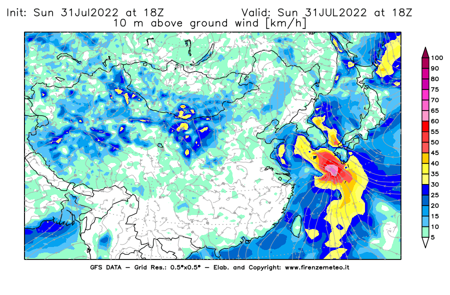 GFS analysi map - Wind Speed at 10 m above ground [km/h] in East Asia
									on 31/07/2022 18 <!--googleoff: index-->UTC<!--googleon: index-->