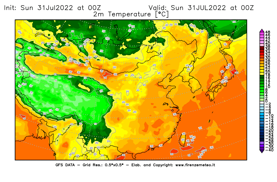 GFS analysi map - Temperature at 2 m above ground [°C] in East Asia
									on 31/07/2022 00 <!--googleoff: index-->UTC<!--googleon: index-->