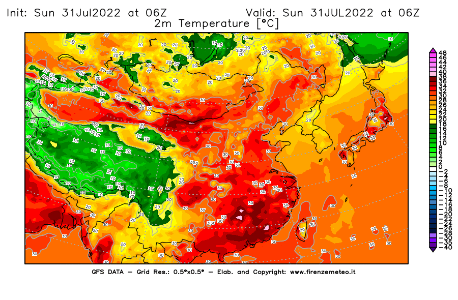 GFS analysi map - Temperature at 2 m above ground [°C] in East Asia
									on 31/07/2022 06 <!--googleoff: index-->UTC<!--googleon: index-->