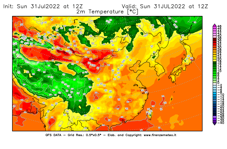 GFS analysi map - Temperature at 2 m above ground [°C] in East Asia
									on 31/07/2022 12 <!--googleoff: index-->UTC<!--googleon: index-->