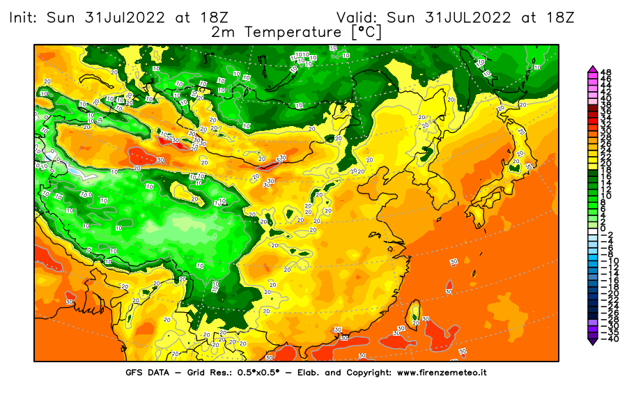 GFS analysi map - Temperature at 2 m above ground [°C] in East Asia
									on 31/07/2022 18 <!--googleoff: index-->UTC<!--googleon: index-->