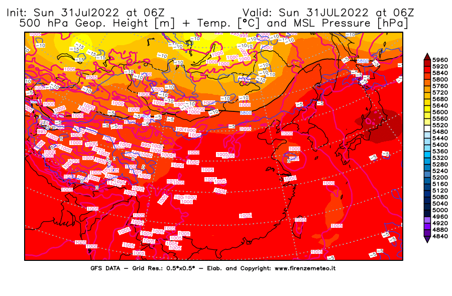 GFS analysi map - Geopotential [m] + Temp. [°C] at 500 hPa + Sea Level Pressure [hPa] in East Asia
									on 31/07/2022 06 <!--googleoff: index-->UTC<!--googleon: index-->