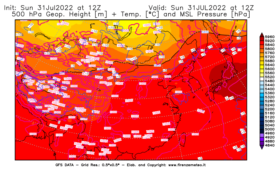 GFS analysi map - Geopotential [m] + Temp. [°C] at 500 hPa + Sea Level Pressure [hPa] in East Asia
									on 31/07/2022 12 <!--googleoff: index-->UTC<!--googleon: index-->