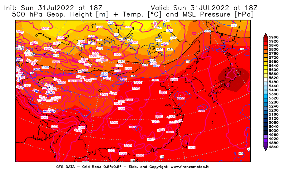 GFS analysi map - Geopotential [m] + Temp. [°C] at 500 hPa + Sea Level Pressure [hPa] in East Asia
									on 31/07/2022 18 <!--googleoff: index-->UTC<!--googleon: index-->
