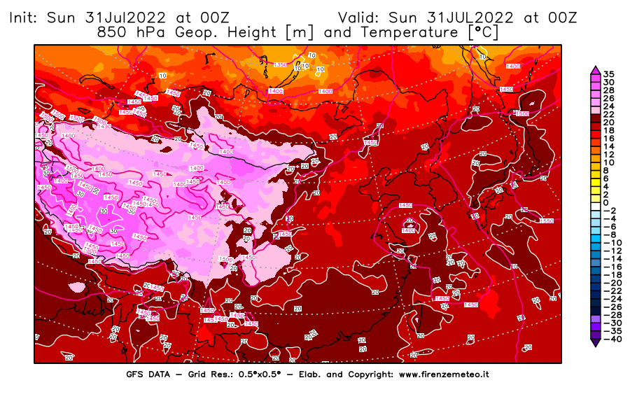 GFS analysi map - Geopotential [m] and Temperature [°C] at 850 hPa in East Asia
									on 31/07/2022 00 <!--googleoff: index-->UTC<!--googleon: index-->