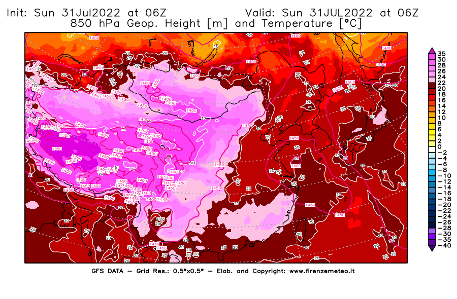 GFS analysi map - Geopotential [m] and Temperature [°C] at 850 hPa in East Asia
									on 31/07/2022 06 <!--googleoff: index-->UTC<!--googleon: index-->