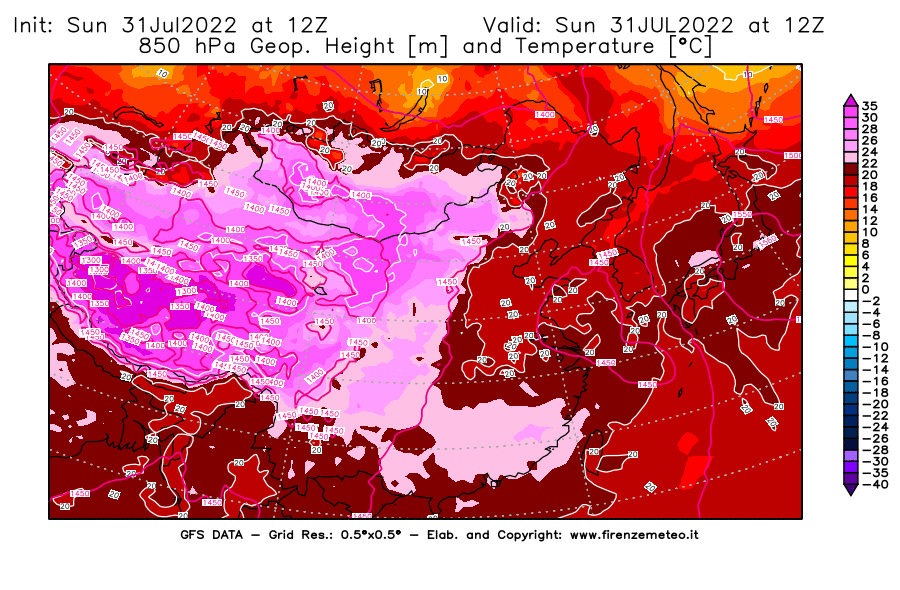 GFS analysi map - Geopotential [m] and Temperature [°C] at 850 hPa in East Asia
									on 31/07/2022 12 <!--googleoff: index-->UTC<!--googleon: index-->