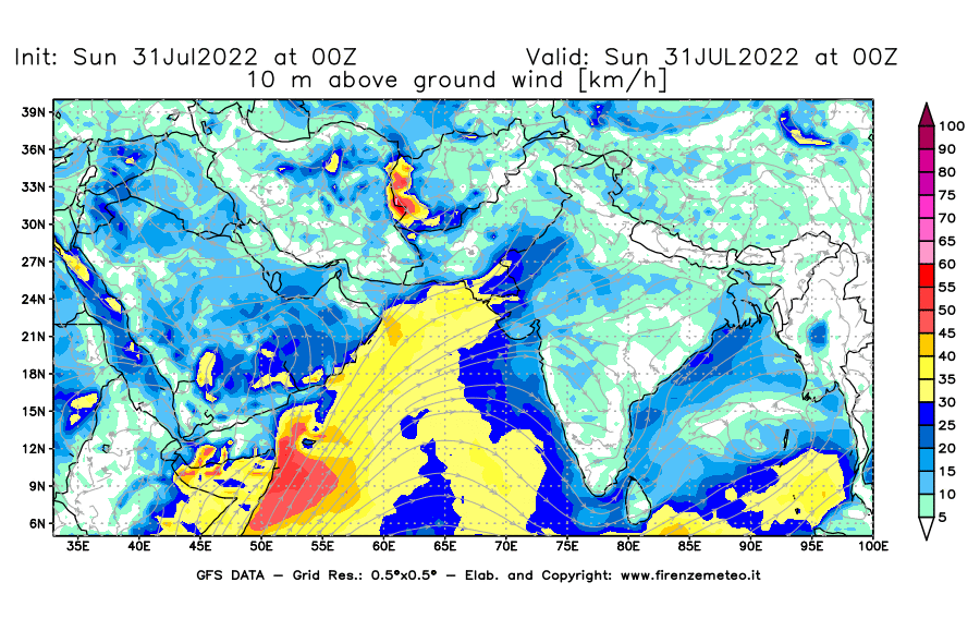 GFS analysi map - Wind Speed at 10 m above ground [km/h] in South West Asia 
									on 31/07/2022 00 <!--googleoff: index-->UTC<!--googleon: index-->