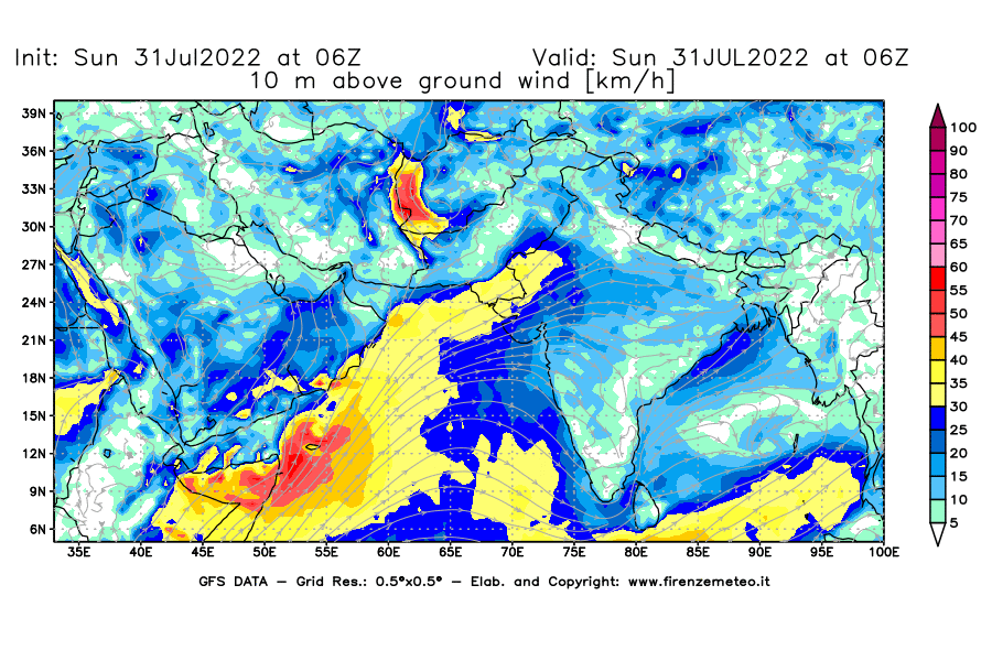 GFS analysi map - Wind Speed at 10 m above ground [km/h] in South West Asia 
									on 31/07/2022 06 <!--googleoff: index-->UTC<!--googleon: index-->