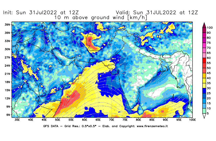 GFS analysi map - Wind Speed at 10 m above ground [km/h] in South West Asia 
									on 31/07/2022 12 <!--googleoff: index-->UTC<!--googleon: index-->