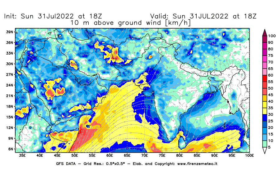 GFS analysi map - Wind Speed at 10 m above ground [km/h] in South West Asia 
									on 31/07/2022 18 <!--googleoff: index-->UTC<!--googleon: index-->