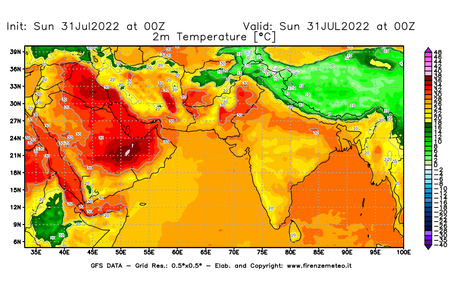 GFS analysi map - Temperature at 2 m above ground [°C] in South West Asia 
									on 31/07/2022 00 <!--googleoff: index-->UTC<!--googleon: index-->