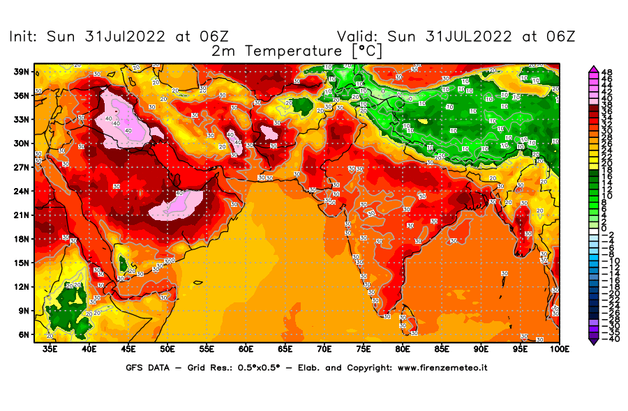 GFS analysi map - Temperature at 2 m above ground [°C] in South West Asia 
									on 31/07/2022 06 <!--googleoff: index-->UTC<!--googleon: index-->