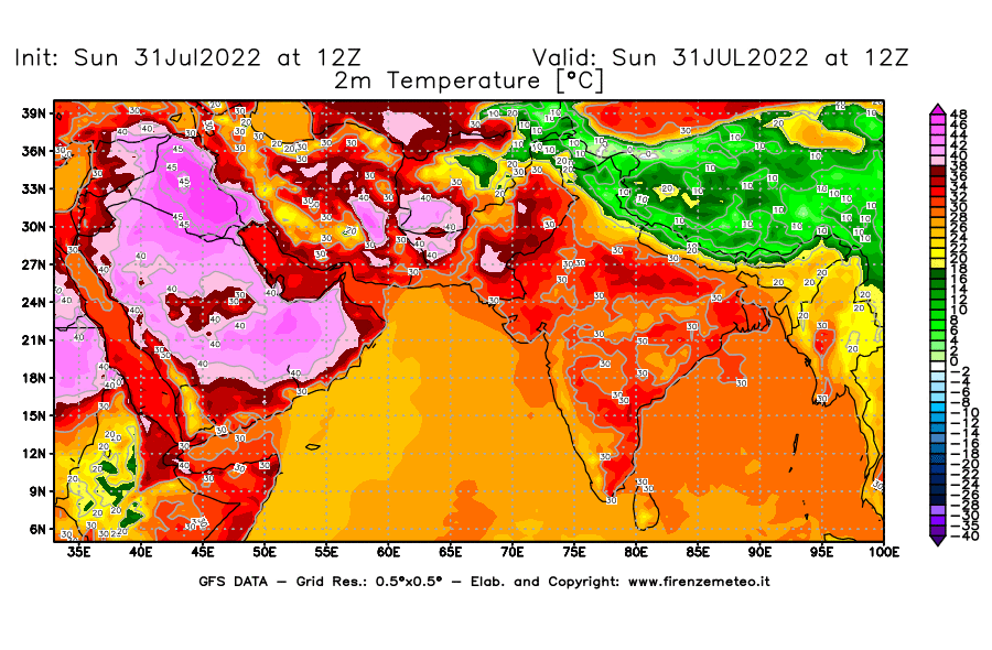 GFS analysi map - Temperature at 2 m above ground [°C] in South West Asia 
									on 31/07/2022 12 <!--googleoff: index-->UTC<!--googleon: index-->
