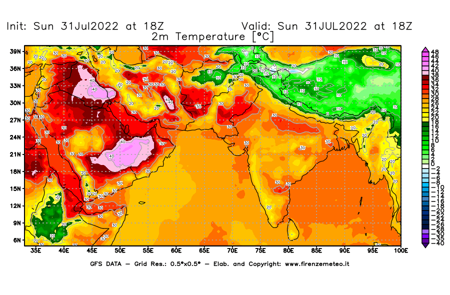 GFS analysi map - Temperature at 2 m above ground [°C] in South West Asia 
									on 31/07/2022 18 <!--googleoff: index-->UTC<!--googleon: index-->