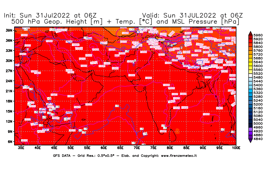 GFS analysi map - Geopotential [m] + Temp. [°C] at 500 hPa + Sea Level Pressure [hPa] in South West Asia 
									on 31/07/2022 06 <!--googleoff: index-->UTC<!--googleon: index-->