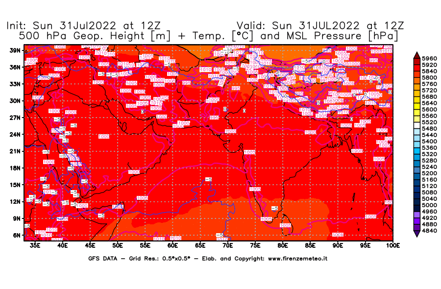 GFS analysi map - Geopotential [m] + Temp. [°C] at 500 hPa + Sea Level Pressure [hPa] in South West Asia 
									on 31/07/2022 12 <!--googleoff: index-->UTC<!--googleon: index-->