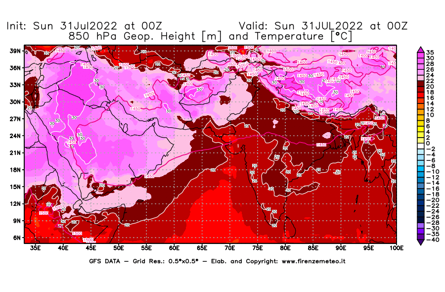 GFS analysi map - Geopotential [m] and Temperature [°C] at 850 hPa in South West Asia 
									on 31/07/2022 00 <!--googleoff: index-->UTC<!--googleon: index-->