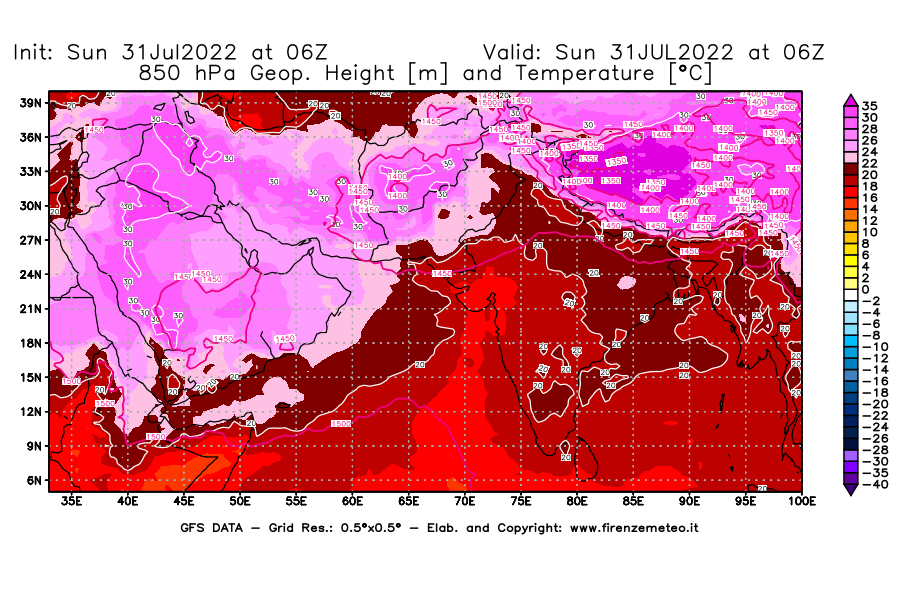 GFS analysi map - Geopotential [m] and Temperature [°C] at 850 hPa in South West Asia 
									on 31/07/2022 06 <!--googleoff: index-->UTC<!--googleon: index-->