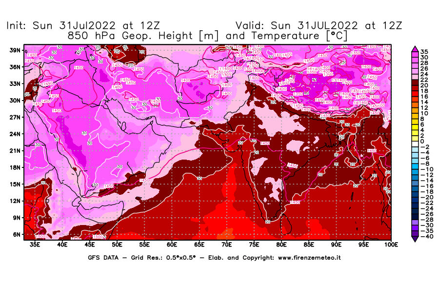 GFS analysi map - Geopotential [m] and Temperature [°C] at 850 hPa in South West Asia 
									on 31/07/2022 12 <!--googleoff: index-->UTC<!--googleon: index-->