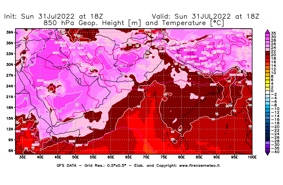 GFS analysi map - Geopotential [m] and Temperature [°C] at 850 hPa in South West Asia 
									on 31/07/2022 18 <!--googleoff: index-->UTC<!--googleon: index-->