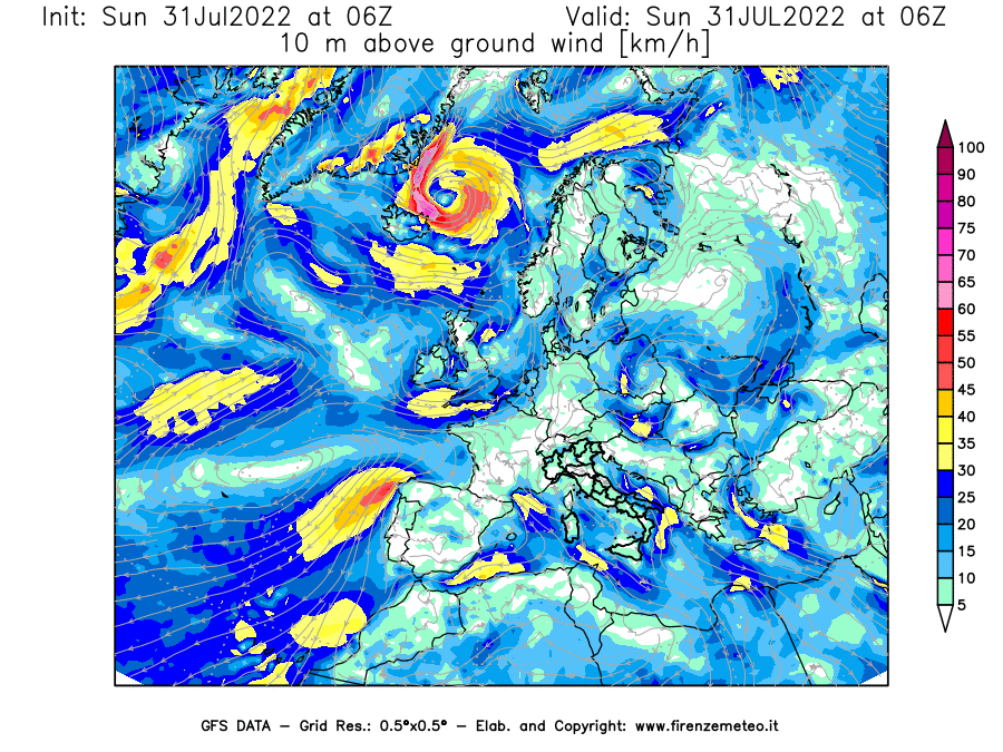 GFS analysi map - Wind Speed at 10 m above ground [km/h] in Europe
									on 31/07/2022 06 <!--googleoff: index-->UTC<!--googleon: index-->