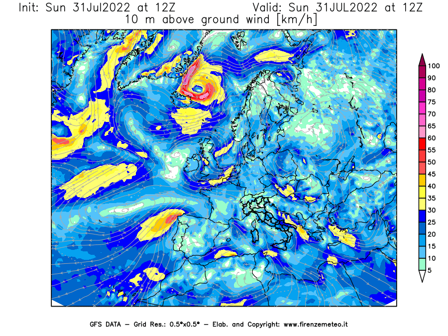 GFS analysi map - Wind Speed at 10 m above ground [km/h] in Europe
									on 31/07/2022 12 <!--googleoff: index-->UTC<!--googleon: index-->