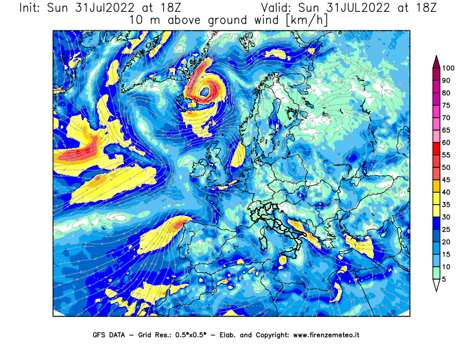 GFS analysi map - Wind Speed at 10 m above ground [km/h] in Europe
									on 31/07/2022 18 <!--googleoff: index-->UTC<!--googleon: index-->