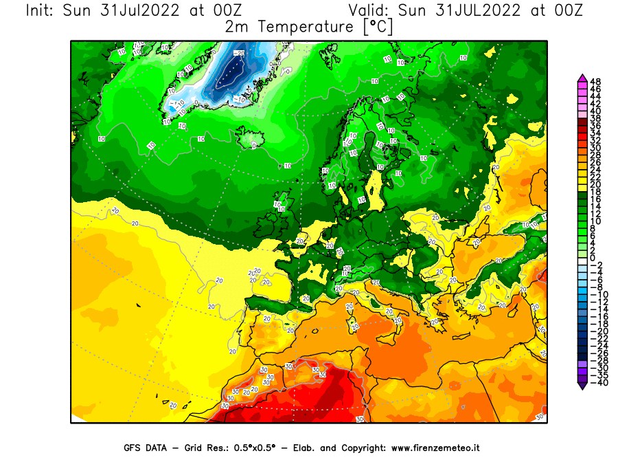 GFS analysi map - Temperature at 2 m above ground [°C] in Europe
									on 31/07/2022 00 <!--googleoff: index-->UTC<!--googleon: index-->