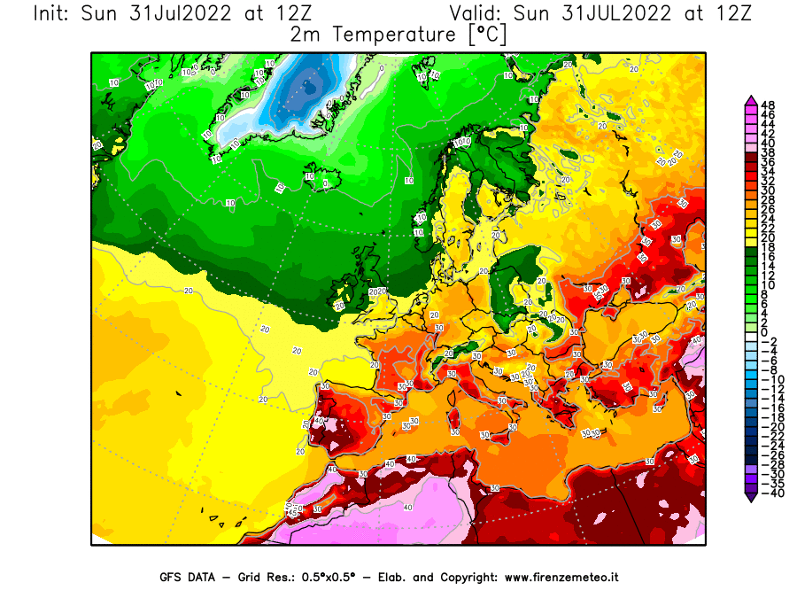 GFS analysi map - Temperature at 2 m above ground [°C] in Europe
									on 31/07/2022 12 <!--googleoff: index-->UTC<!--googleon: index-->
