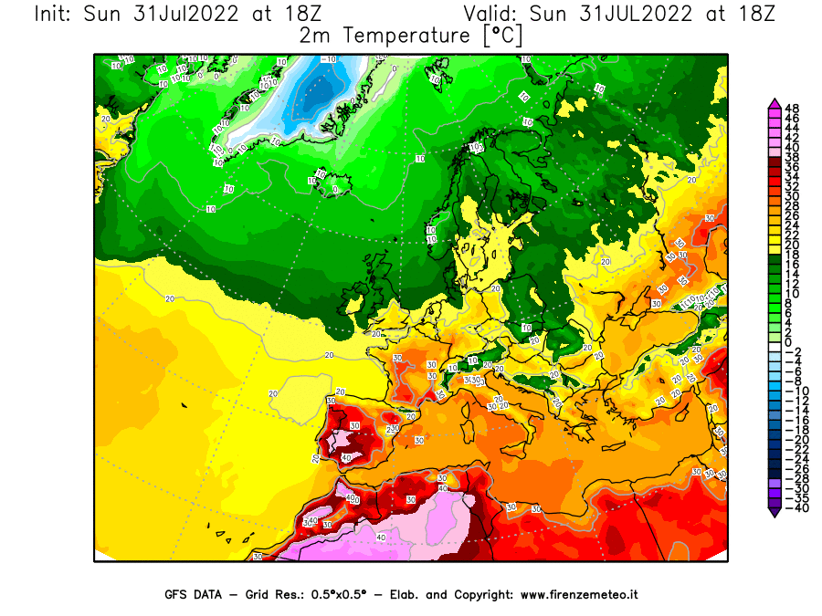 GFS analysi map - Temperature at 2 m above ground [°C] in Europe
									on 31/07/2022 18 <!--googleoff: index-->UTC<!--googleon: index-->