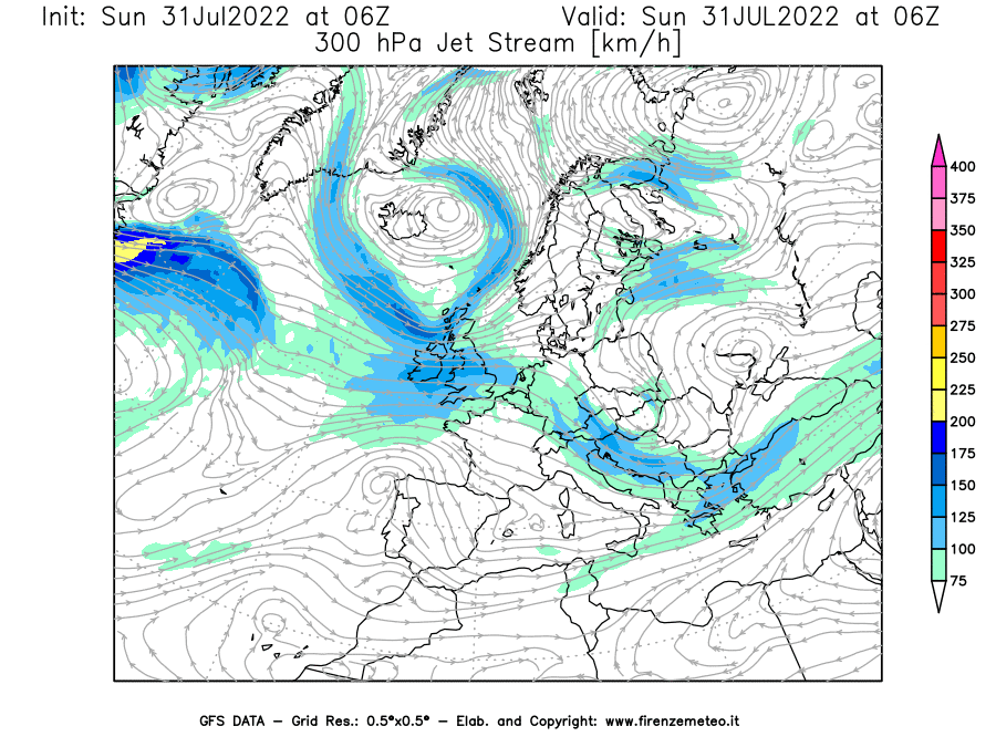 GFS analysi map - Jet Stream at 300 hPa in Europe
									on 31/07/2022 06 <!--googleoff: index-->UTC<!--googleon: index-->