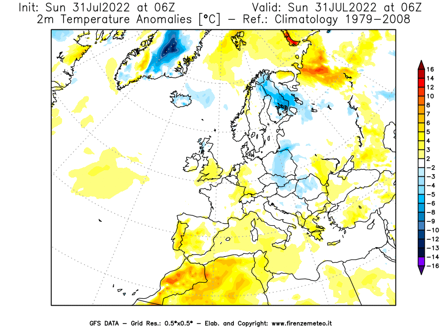 GFS analysi map - Temperature Anomalies [°C] at 2 m in Europe
									on 31/07/2022 06 <!--googleoff: index-->UTC<!--googleon: index-->