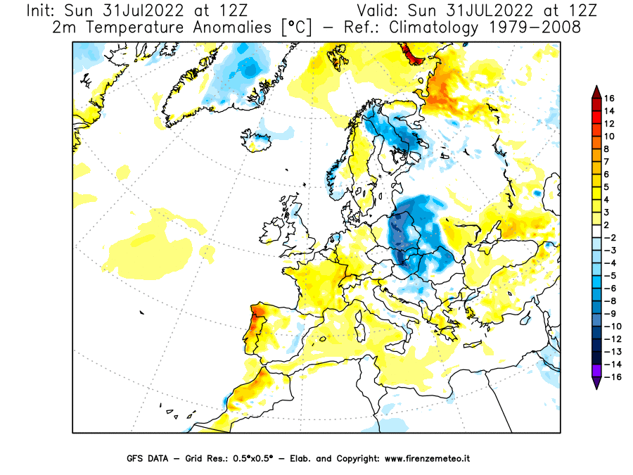 GFS analysi map - Temperature Anomalies [°C] at 2 m in Europe
									on 31/07/2022 12 <!--googleoff: index-->UTC<!--googleon: index-->