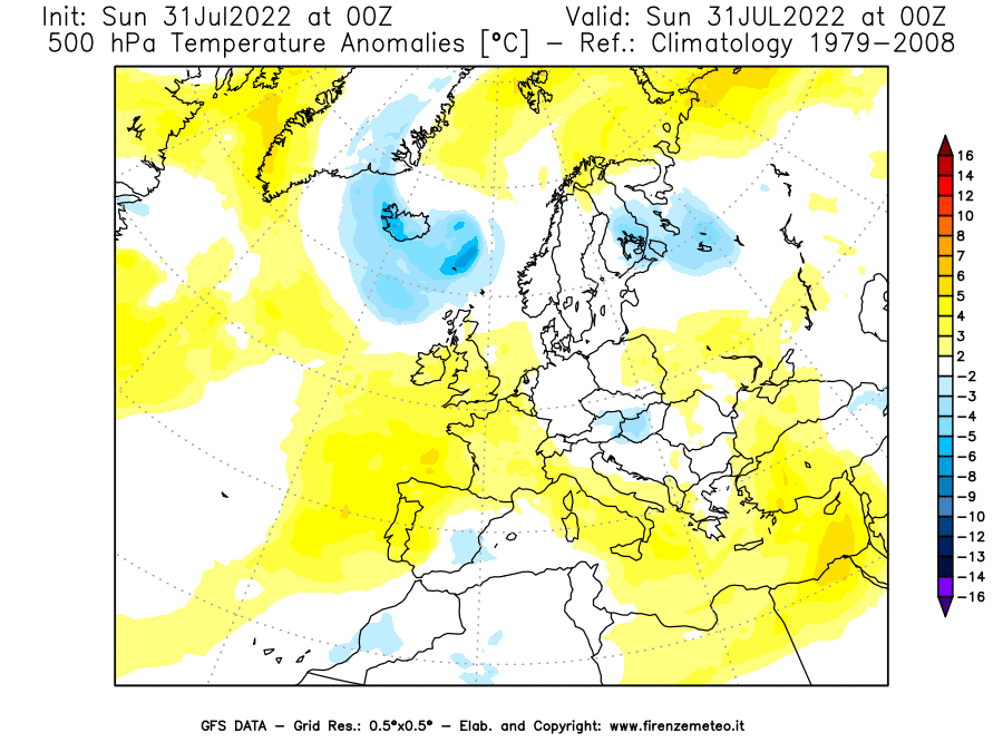 GFS analysi map - Temperature Anomalies [°C] at 500 hPa in Europe
									on 31/07/2022 00 <!--googleoff: index-->UTC<!--googleon: index-->