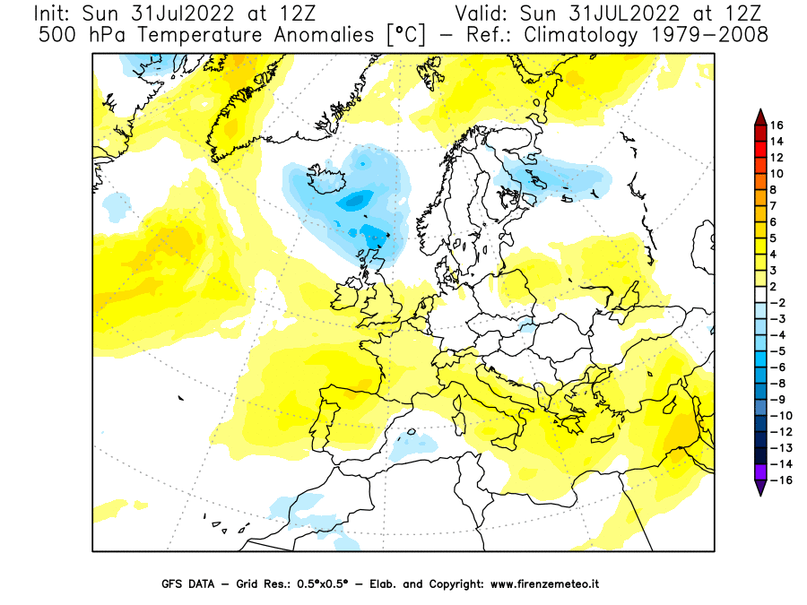 GFS analysi map - Temperature Anomalies [°C] at 500 hPa in Europe
									on 31/07/2022 12 <!--googleoff: index-->UTC<!--googleon: index-->