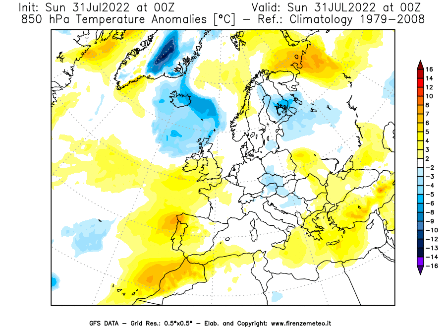 GFS analysi map - Temperature Anomalies [°C] at 850 hPa in Europe
									on 31/07/2022 00 <!--googleoff: index-->UTC<!--googleon: index-->