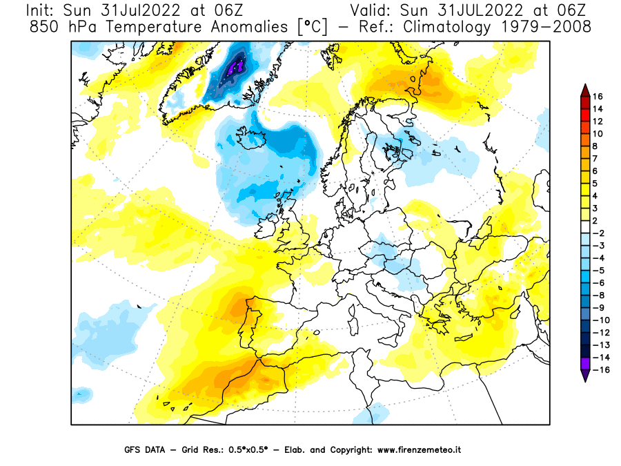 GFS analysi map - Temperature Anomalies [°C] at 850 hPa in Europe
									on 31/07/2022 06 <!--googleoff: index-->UTC<!--googleon: index-->