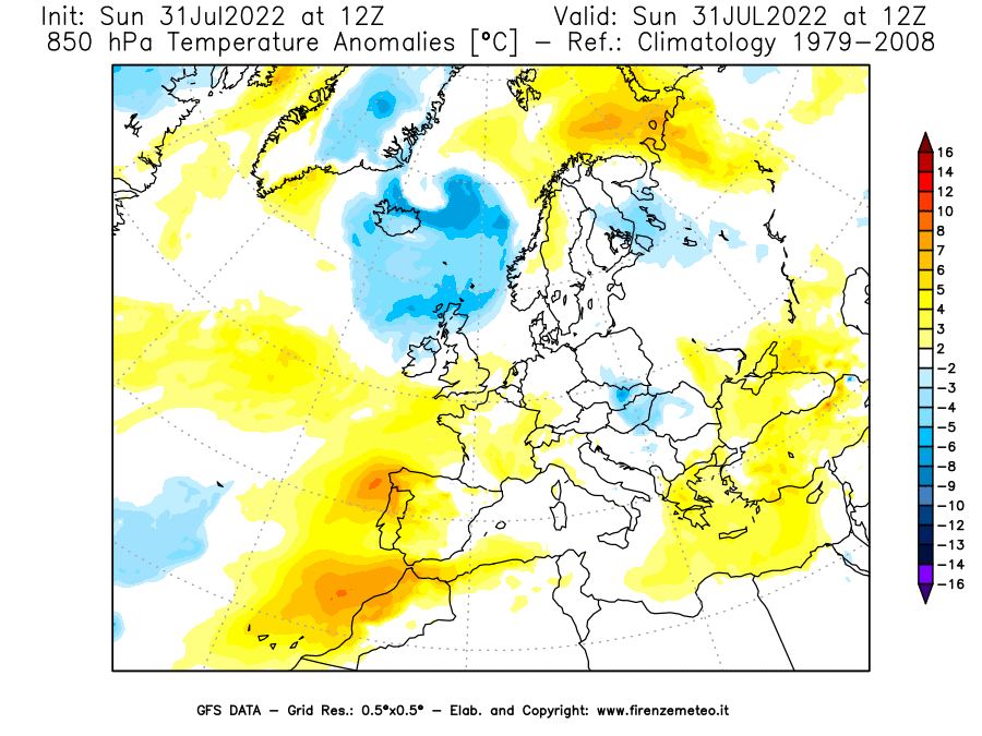 GFS analysi map - Temperature Anomalies [°C] at 850 hPa in Europe
									on 31/07/2022 12 <!--googleoff: index-->UTC<!--googleon: index-->