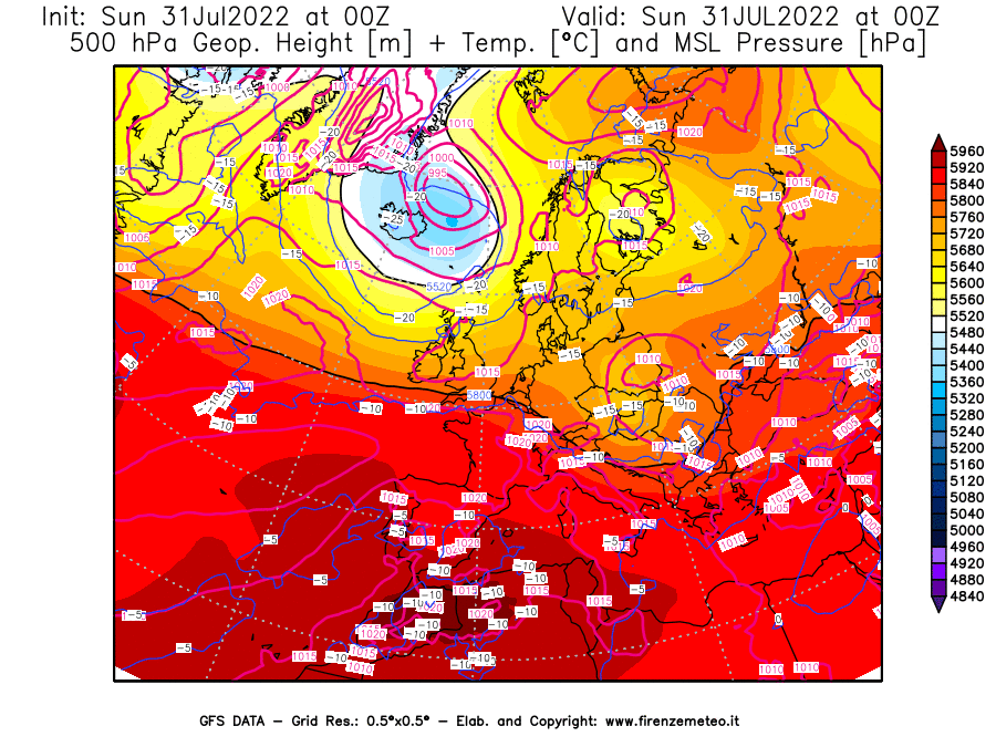 GFS analysi map - Geopotential [m] + Temp. [°C] at 500 hPa + Sea Level Pressure [hPa] in Europe
									on 31/07/2022 00 <!--googleoff: index-->UTC<!--googleon: index-->