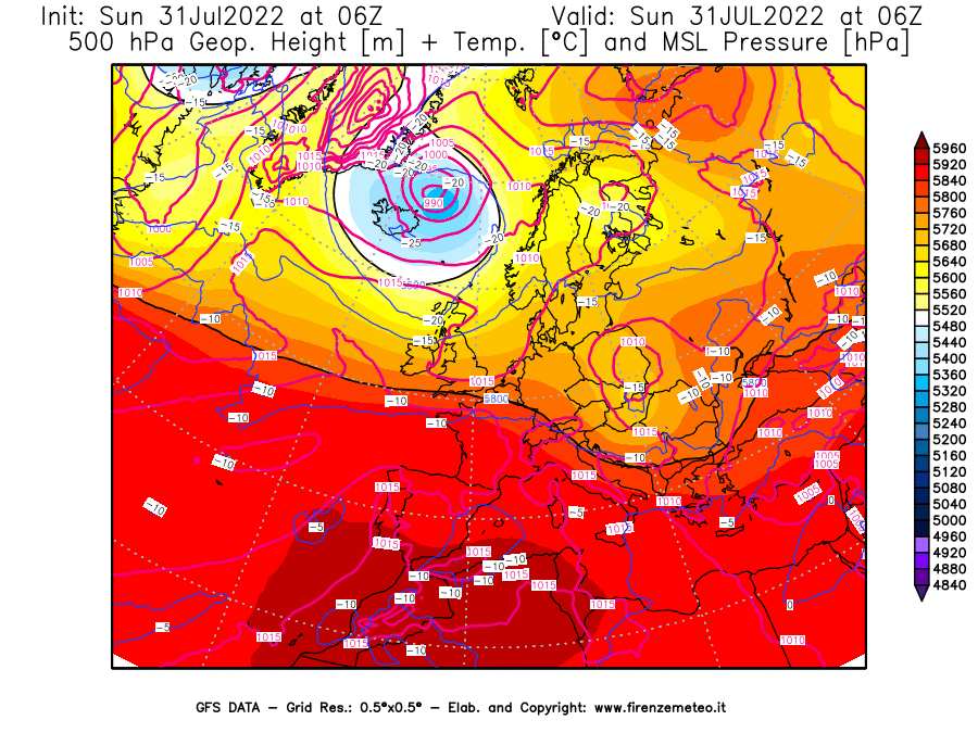 GFS analysi map - Geopotential [m] + Temp. [°C] at 500 hPa + Sea Level Pressure [hPa] in Europe
									on 31/07/2022 06 <!--googleoff: index-->UTC<!--googleon: index-->