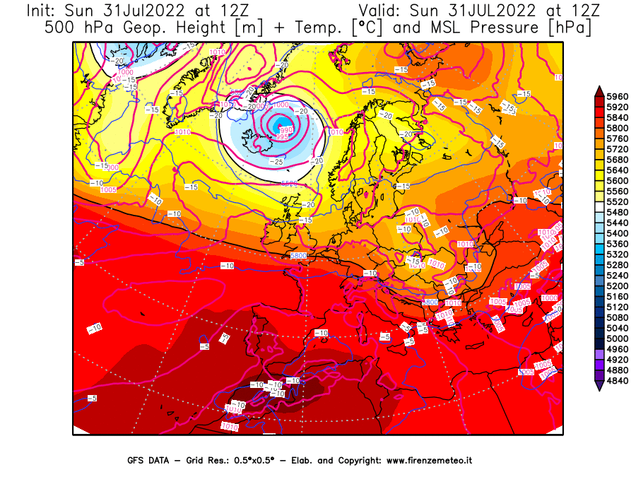 GFS analysi map - Geopotential [m] + Temp. [°C] at 500 hPa + Sea Level Pressure [hPa] in Europe
									on 31/07/2022 12 <!--googleoff: index-->UTC<!--googleon: index-->