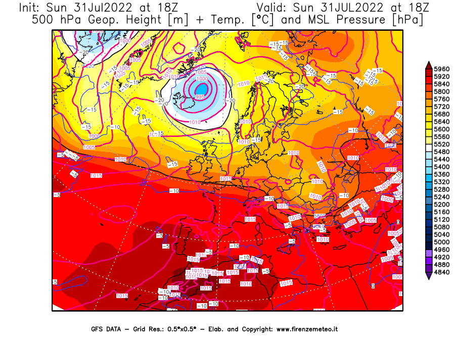 GFS analysi map - Geopotential [m] + Temp. [°C] at 500 hPa + Sea Level Pressure [hPa] in Europe
									on 31/07/2022 18 <!--googleoff: index-->UTC<!--googleon: index-->