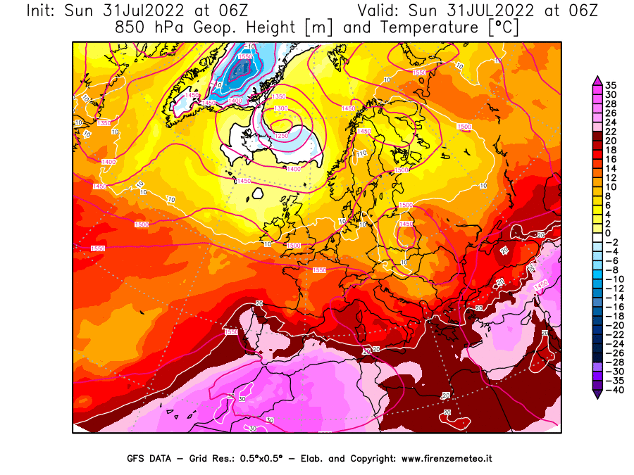 GFS analysi map - Geopotential [m] and Temperature [°C] at 850 hPa in Europe
									on 31/07/2022 06 <!--googleoff: index-->UTC<!--googleon: index-->