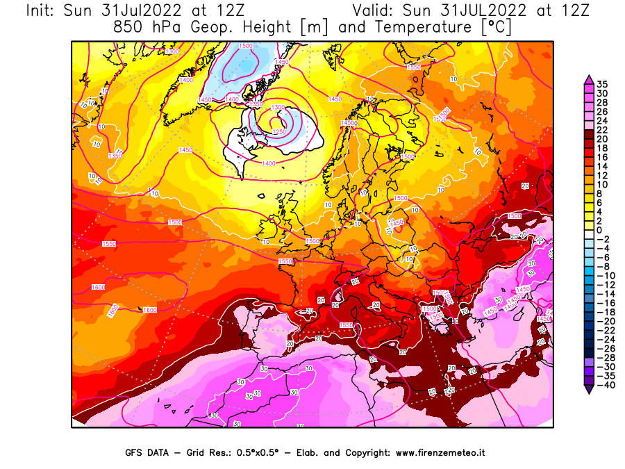 GFS analysi map - Geopotential [m] and Temperature [°C] at 850 hPa in Europe
									on 31/07/2022 12 <!--googleoff: index-->UTC<!--googleon: index-->